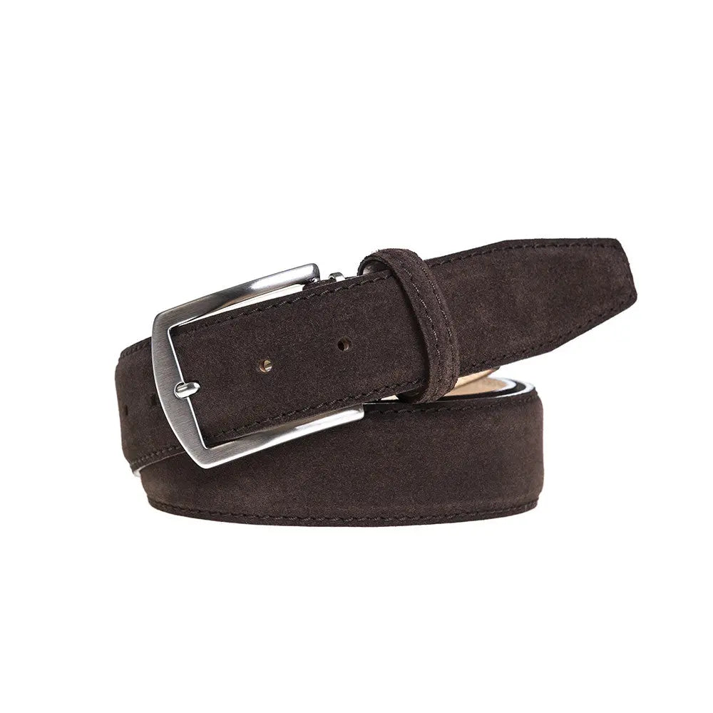 Close up of brown suede leather belt texture and stitching