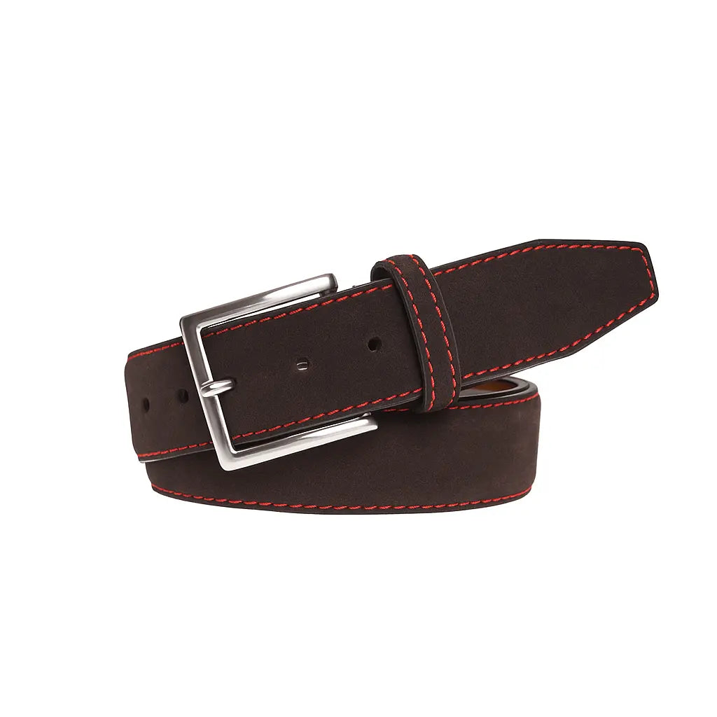 Brown suede leather belt detail with custom stitching options