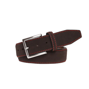 Brown suede leather belt detail with custom stitching options