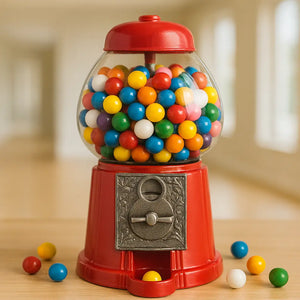 Red gumball machine filled with colorful bubblegum, with loose gumballs on a wooden surface.