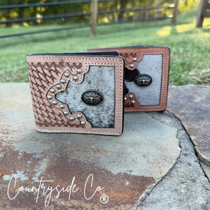 Men's tooled leather and cowhide wallet with longhorn medallion.