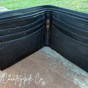 Black leather bi-fold wallet with multiple card slots and a zippered compartment.