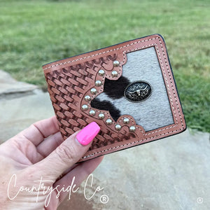 Brown tooled leather and cowhide men's bi-fold wallet with longhorn emblem.