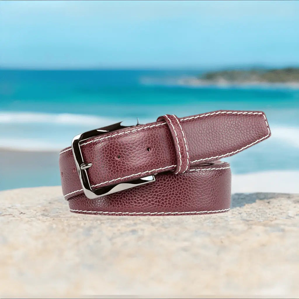 Roger Ximenez burgundy custom leather belt with bespoke sizing options