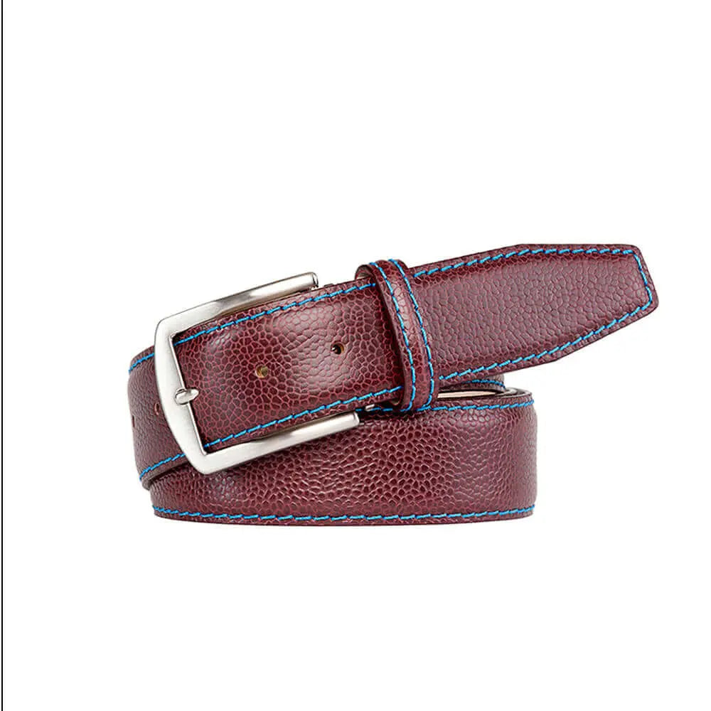 Burgundy pebble grain belt showing handmade leather craftsmanship