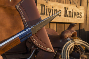 Two-Tone Blue Accent Damascus Knife with Warm Tan Wood Handle