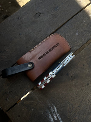 Patriot Damascus Folding Knife 7” opened – American Flag Handle with Leather Sheath