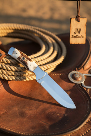 Drop Point Bushcraft Knife 10” – Polished Steel Blade with Natural Stag Handle