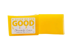 Yellow Chamomile + Lemon soap slice, 5 oz, with "A Slice of the Good Life" label.