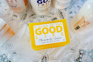 Yellow Chamomile Lemon soap bar with "A Slice of the Good Life" branding.