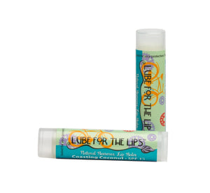 Two lip balm tubes, one upright and one lying down, with coconut flavor and SPF 15.