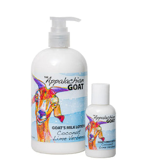 Two bottles of Appalachian Goat's Milk Lotion with Coconut Lime Verbena scent and goat illustration.