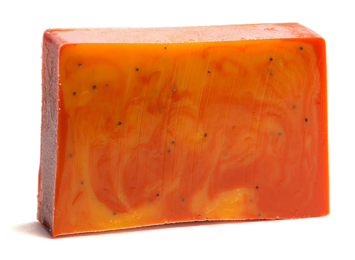 Orange and yellow swirled soap bar with visible poppy seeds.