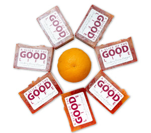 Cranberry orange poppyseed soap bars arranged around a whole orange.
