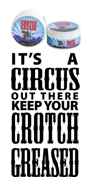 Crotch Grease natural anti-chafing balm in white jars with blue and red labels.