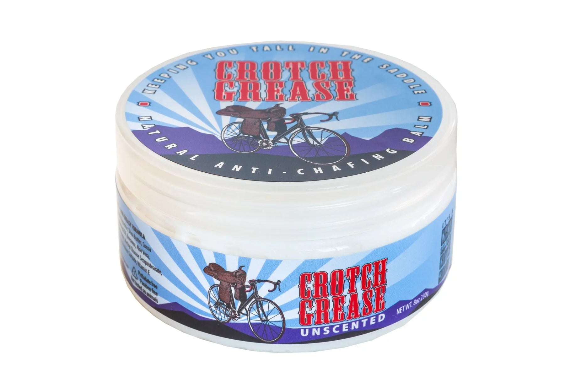 Crotch Grease 8 oz. unscented anti-chafing balm in a white plastic jar.