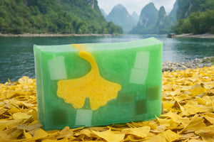 Green bar soap with yellow ginkgo leaf and infused squares, 5.5 oz.