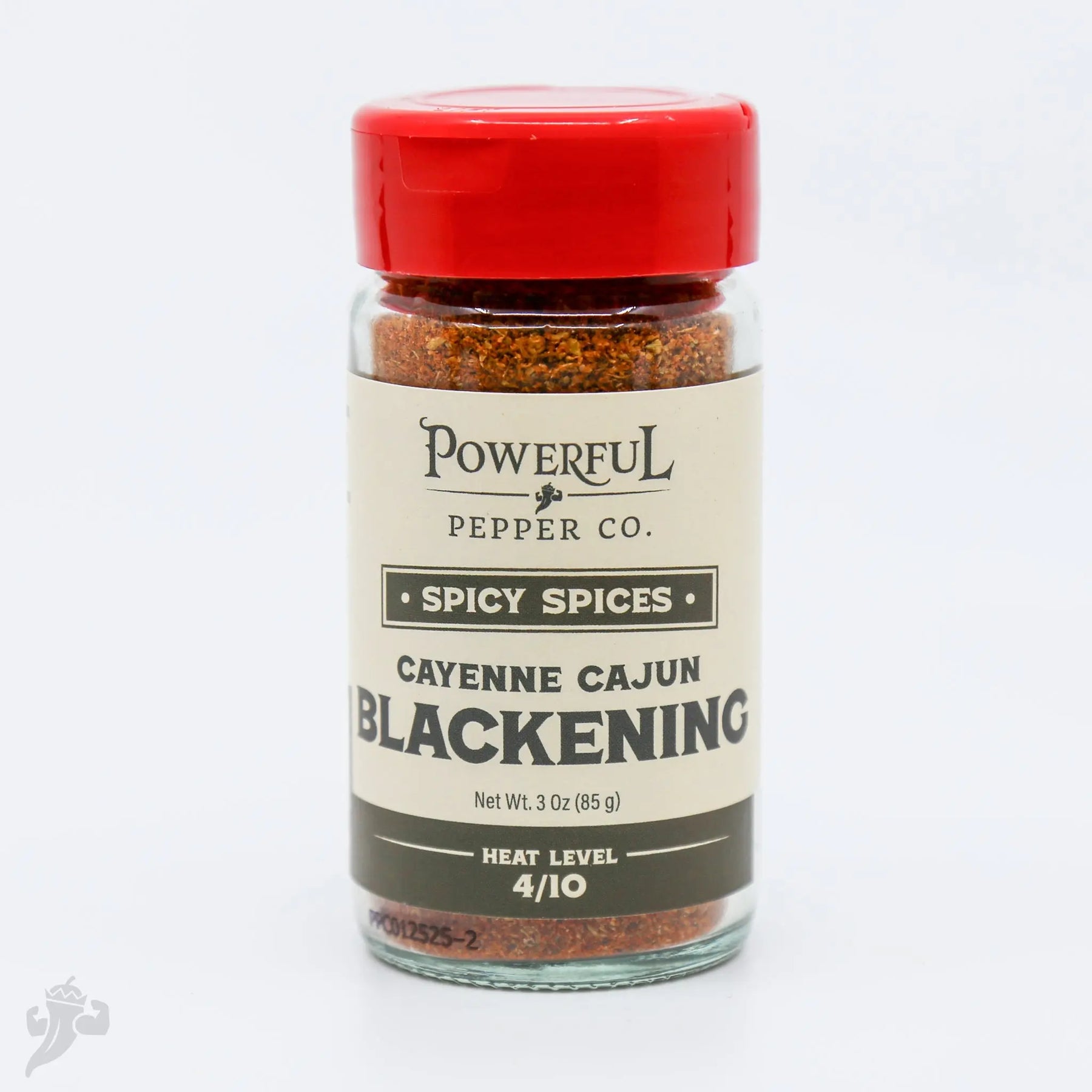 Powerful Pepper Co. Cayenne Cajun Blackening Seasoning in a glass jar.