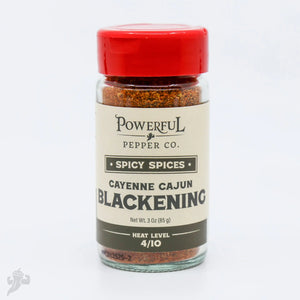 Powerful Pepper Co. Cayenne Cajun Blackening Seasoning in a glass jar.