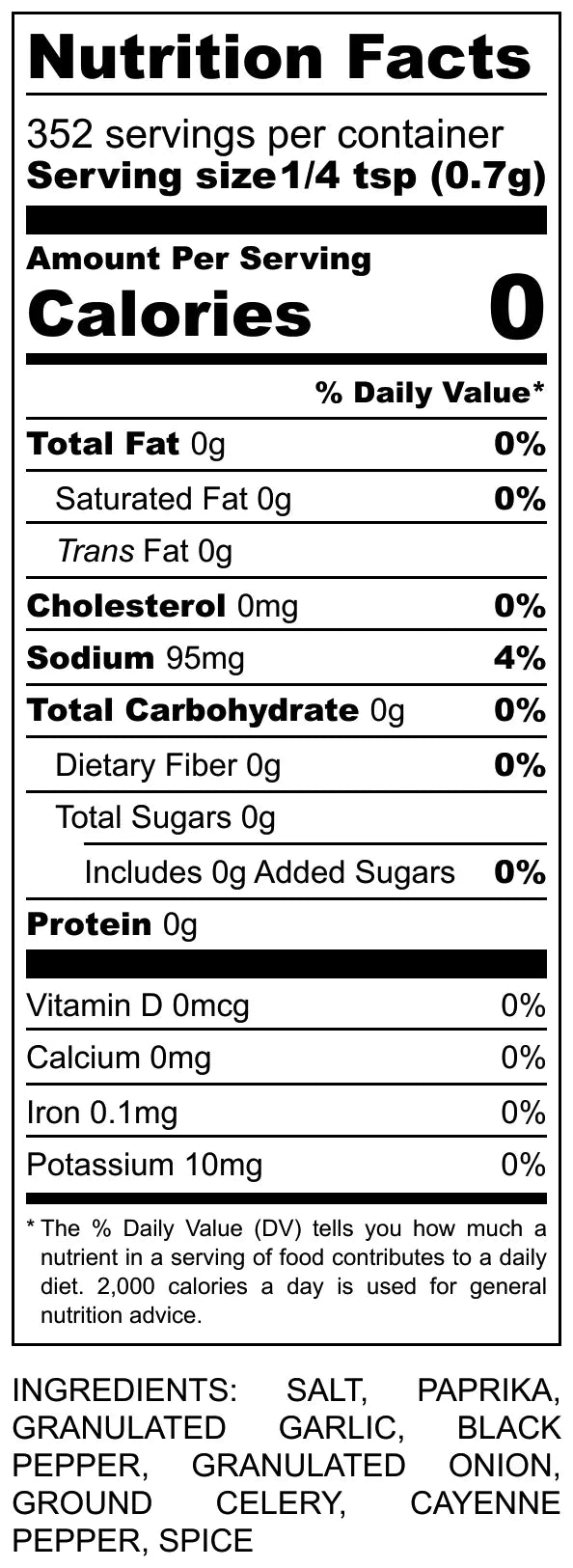 Cajun Blend Seasoning Nutrition Facts Label: See Calories, Sodium, & Ingredients. Low Sodium, Flavorful Cajun Seasoning.