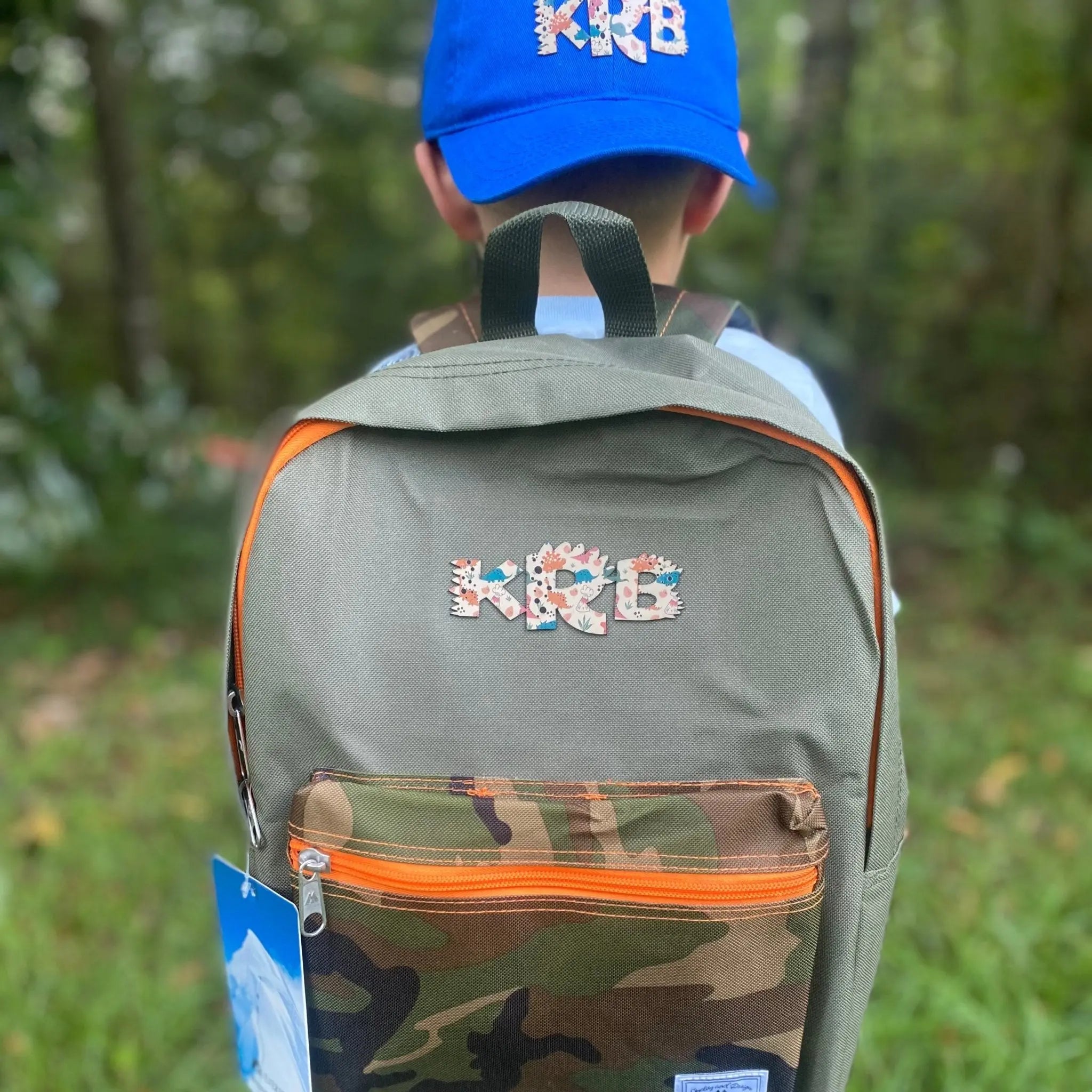 Personalized Kids Backpack: Dinosaur Initial Monogram, Camo Pocket. Custom Children's Bag for School & Travel.