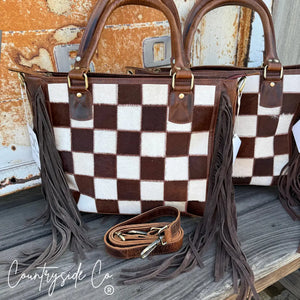 Canyon Check Cowhide Purse with fringe and leather strap by Countryside Co.