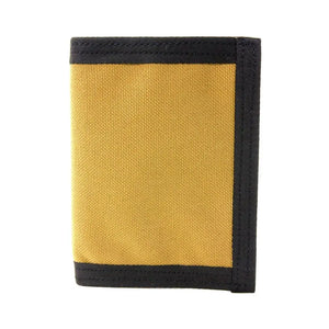Yellow canvas tri-fold wallet with black trim.