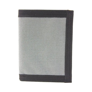 Gray canvas bifold wallet with black trim, shown flat against a white background.