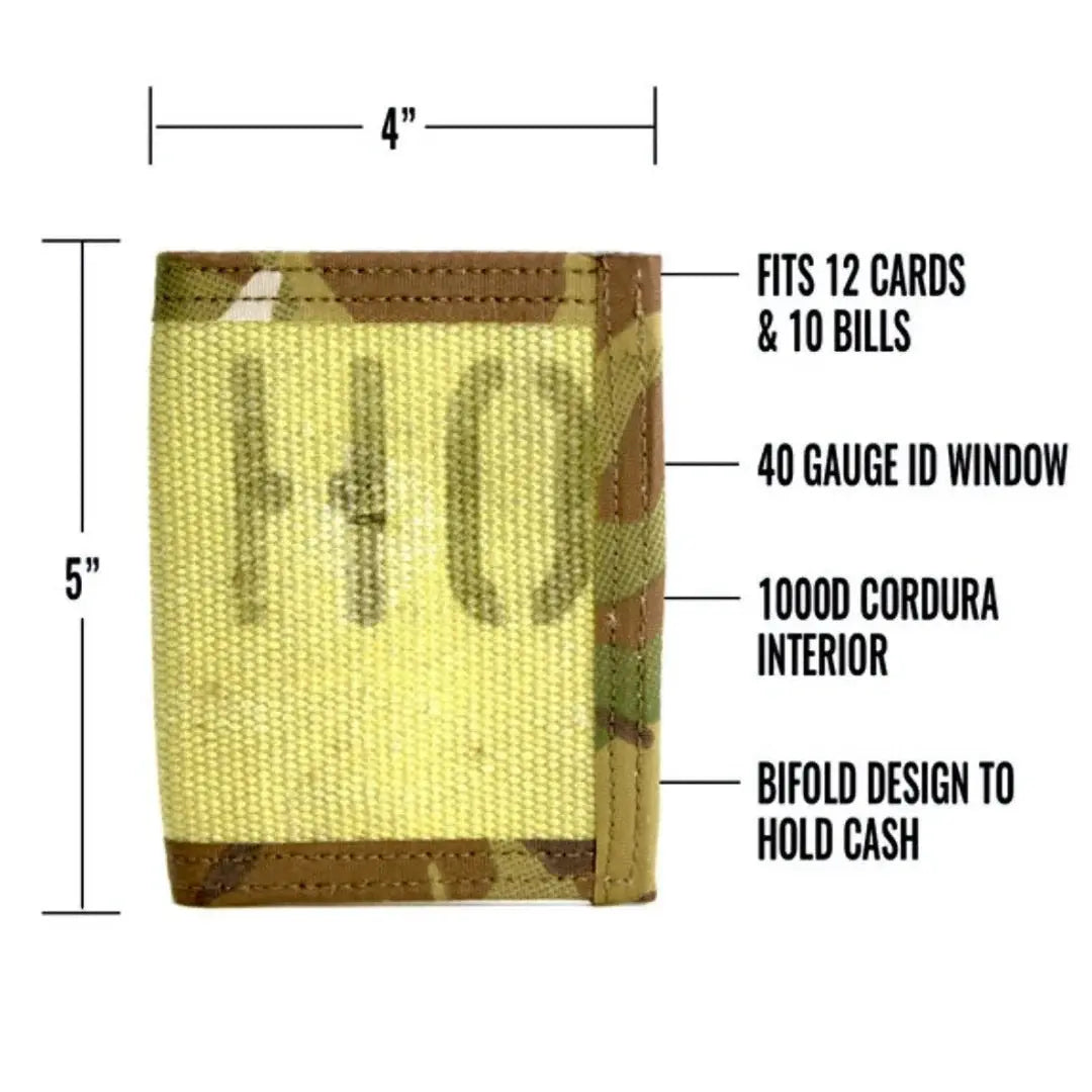 Bifold wallet with 4-inch width, 5-inch height, and visible card slots and ID window.