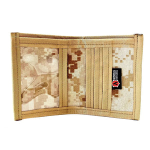 Open tan camouflage wallet with "Recycled Firefighter" logo