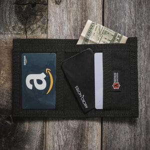 Black wallet with Amazon gift card, Micro Notes card, and US dollar bill.