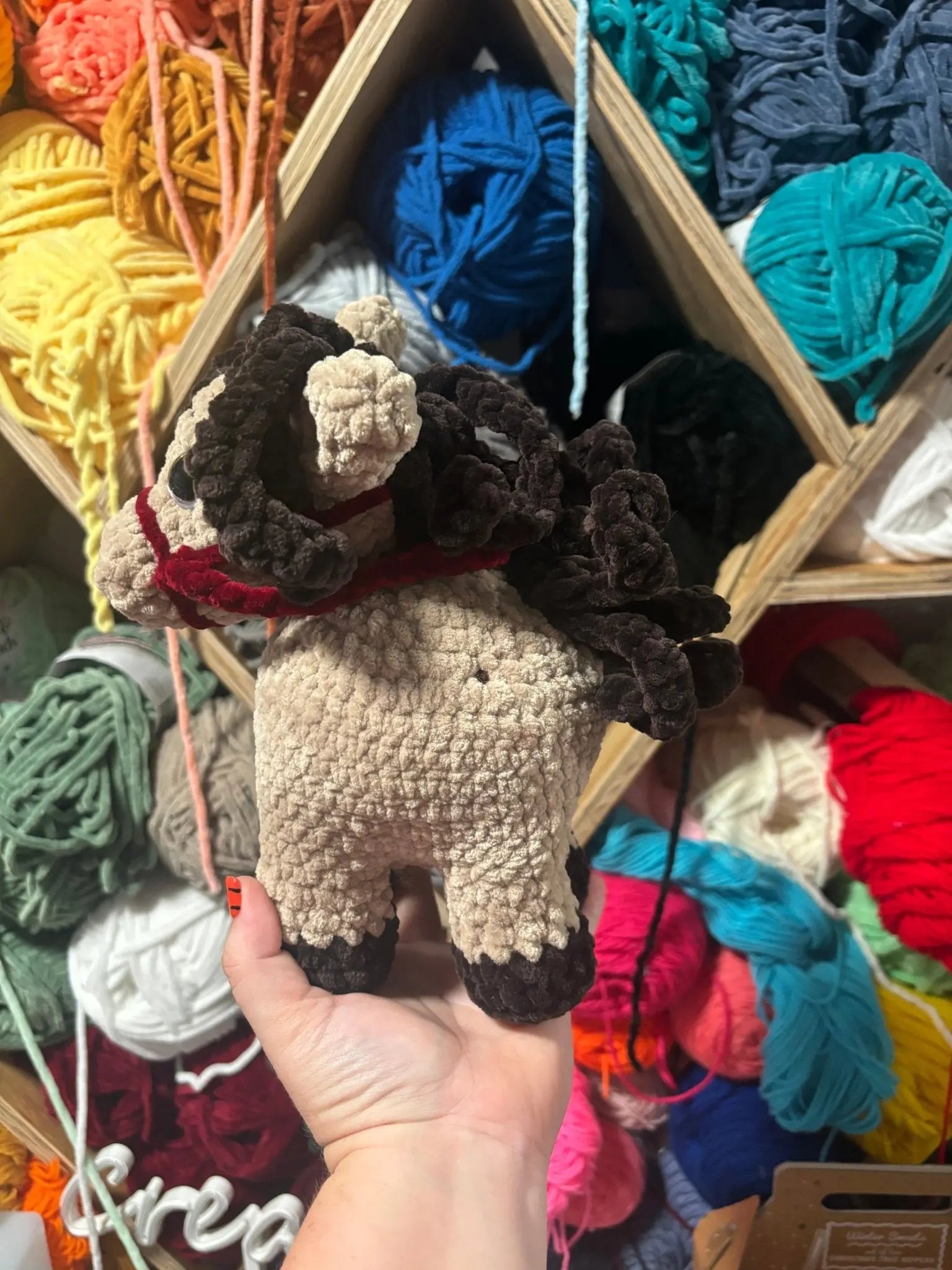 Handmade Crochet Horse Plush Toy with Brown Mane & Red Bridle - Main Street Collective