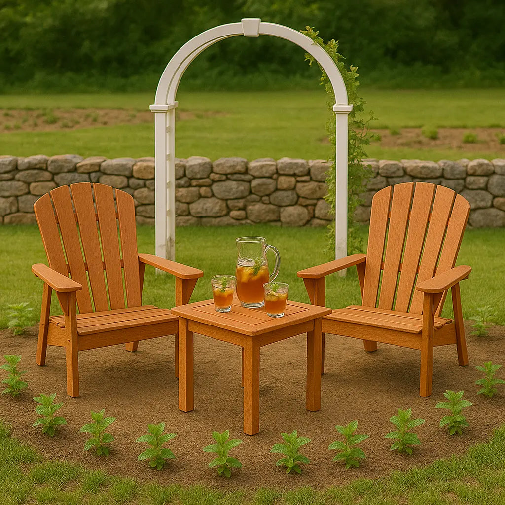 Outdoor cedar furniture: two Adirondack chairs, small table with lemonade, and an archway in a garden setting.