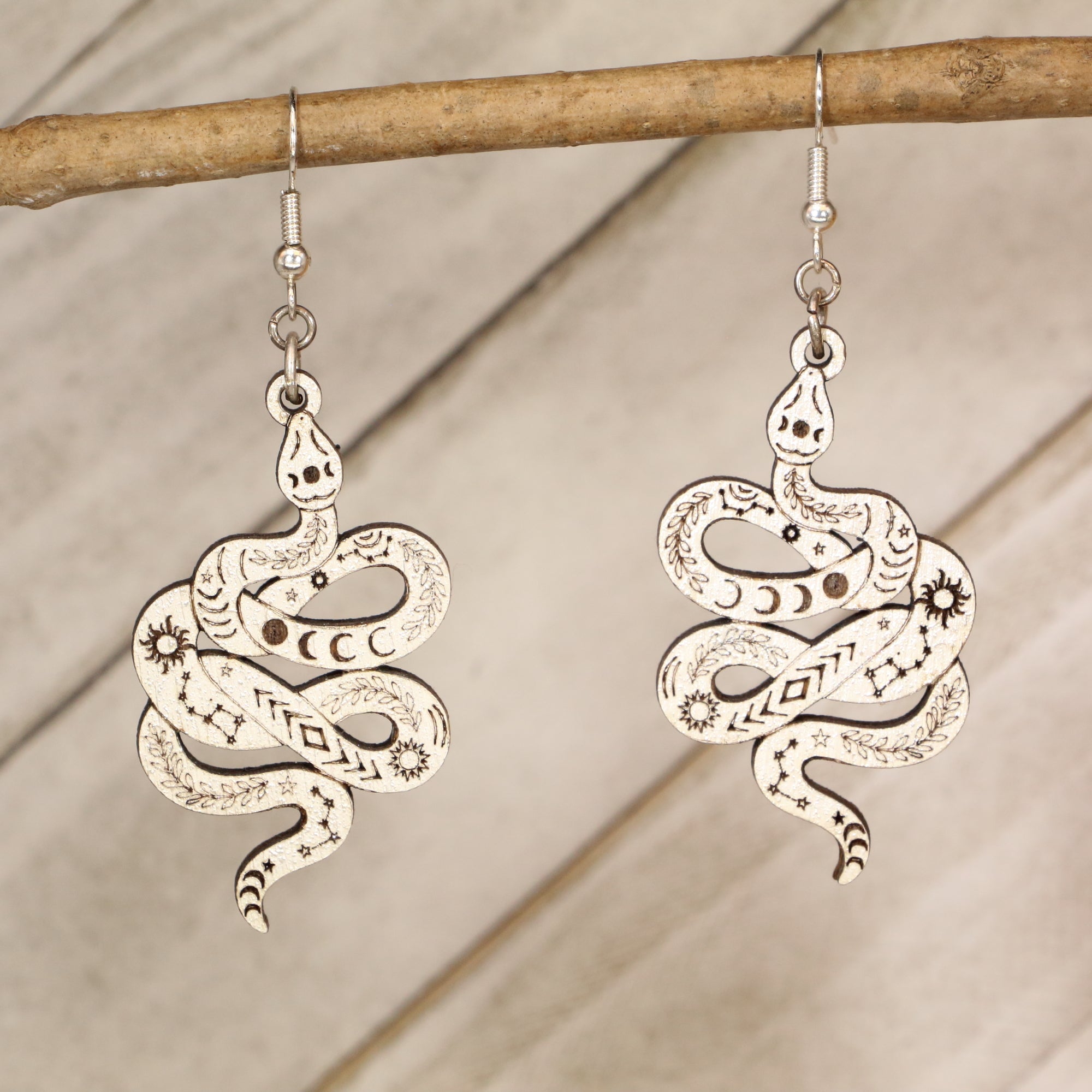 Celestial Snake Wooden Dangle Earrings | Mystical Boho Jewelry