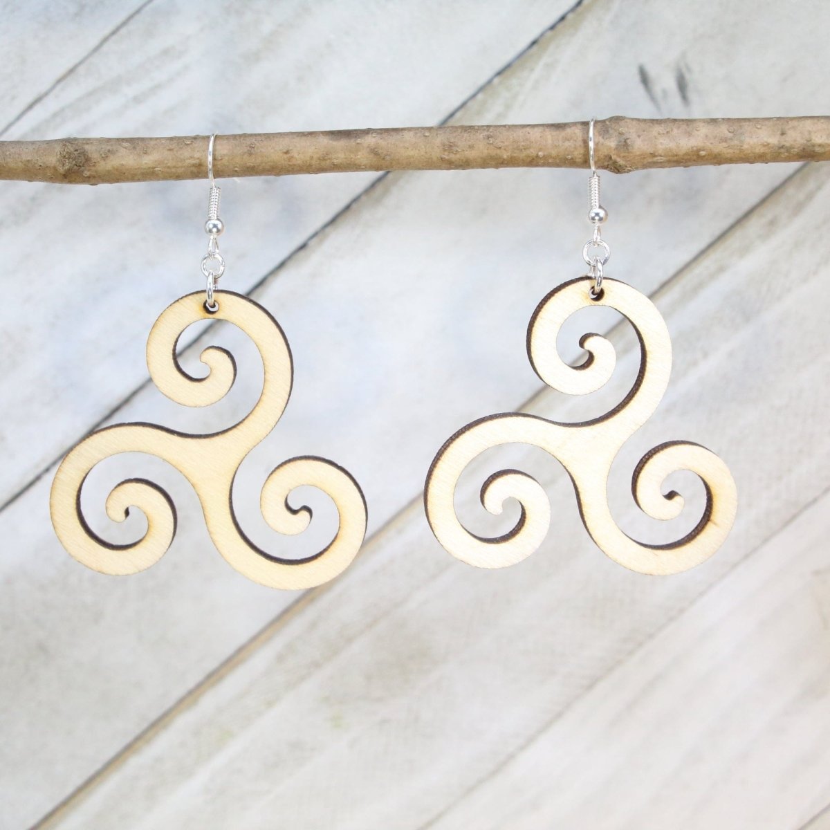 Celtic Triskele Wooden Dangle Earrings | Irish Symbol Jewelry