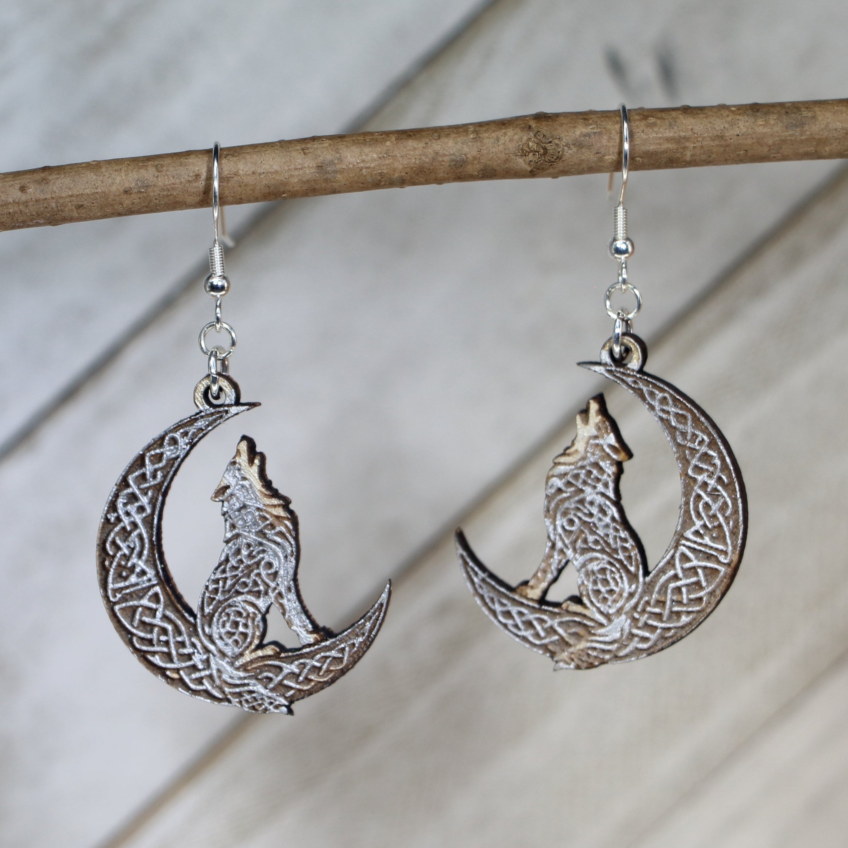 Celtic Wolf Moon Wooden Dangle Earrings | Norse Mythology Jewelry