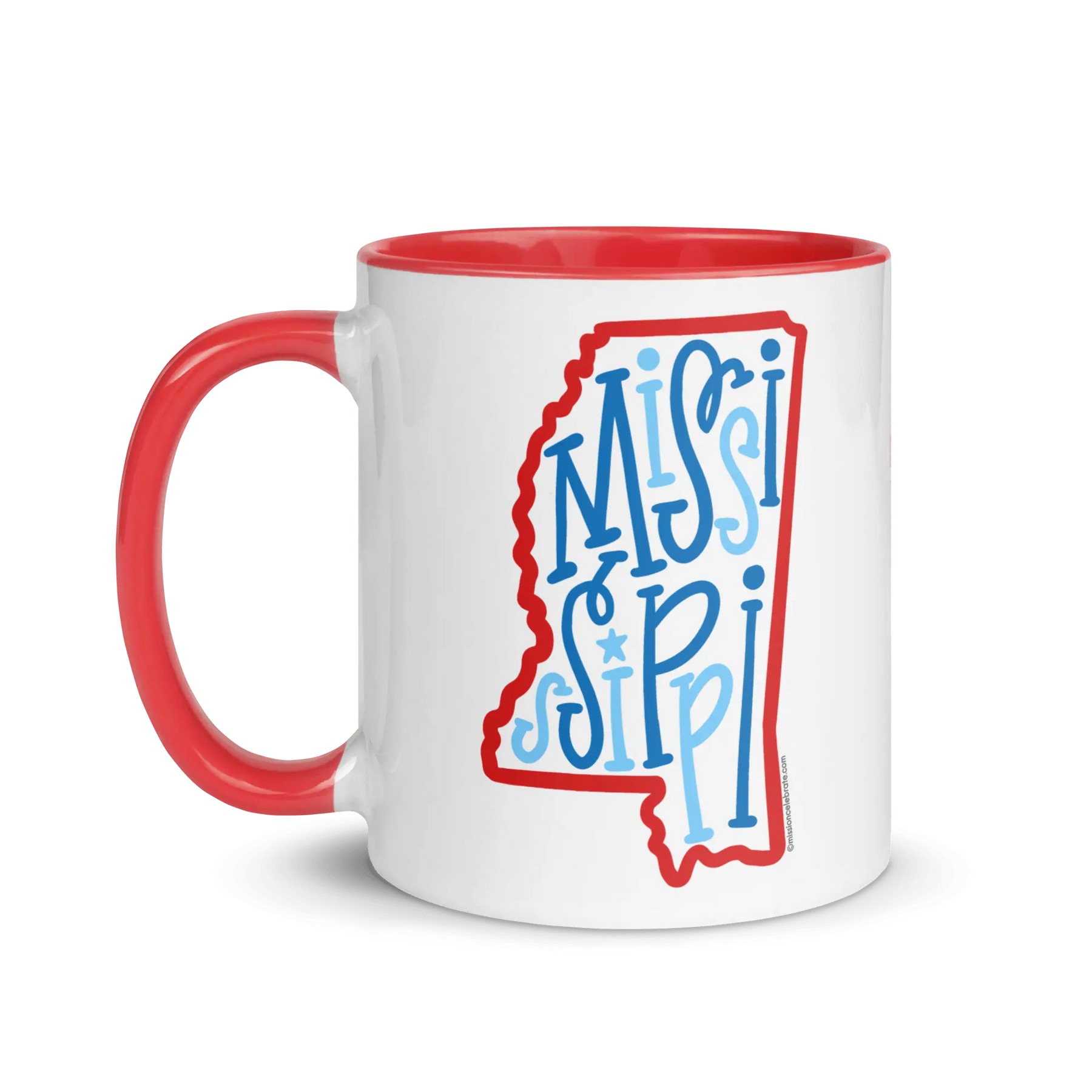Mississippi Mug: Red & Blue Bouncy Letter Art. Ceramic coffee cup with state outline and hand-drawn lettering. Gift idea!