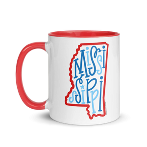 Mississippi Mug: Red & Blue Bouncy Letter Art. Ceramic coffee cup with state outline and hand-drawn lettering. Gift idea!