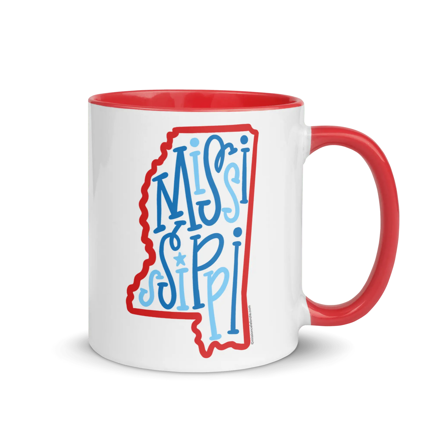 Mississippi Mug: Red & Blue State Outline with Fun Bouncy Letters Design - Coffee or Tea Cup