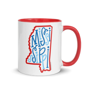 Mississippi Mug: Red & Blue State Outline with Fun Bouncy Letters Design - Coffee or Tea Cup