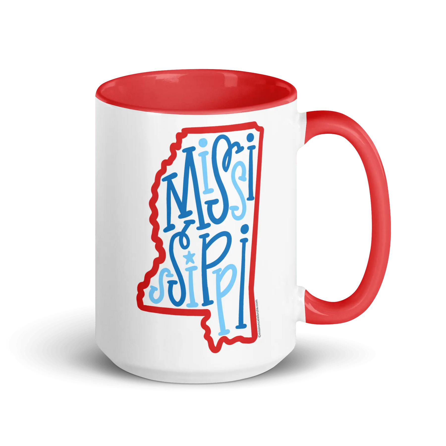 Mississippi mug with bouncy letters design. Red and blue state mug. Cute ceramic mug.
