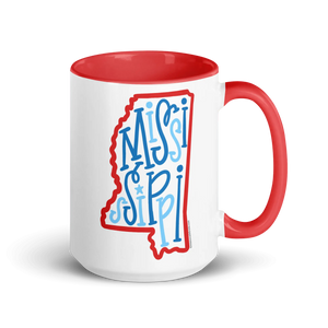 Mississippi mug with bouncy letters design. Red and blue state mug. Cute ceramic mug.
