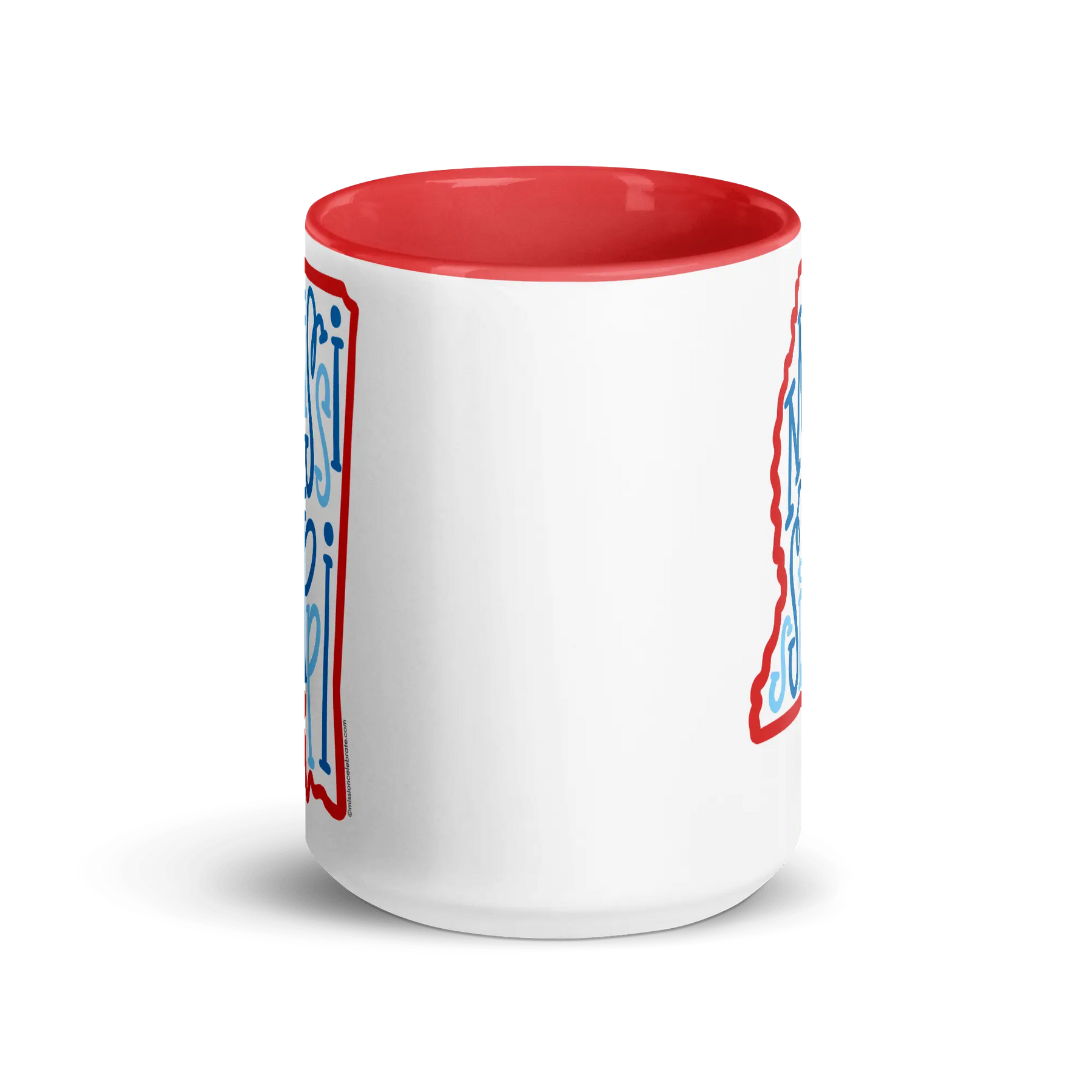 Mississippi Mug, Ceramic Coffee Cup, Red and Blue Lettering, Bouncy Hand-Drawn Art