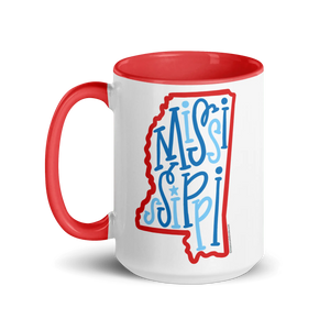 Mississippi State Pride Mug: Bouncy Letters Art | Red & Blue Ceramic Coffee Mug | Unique Hand-Drawn Design