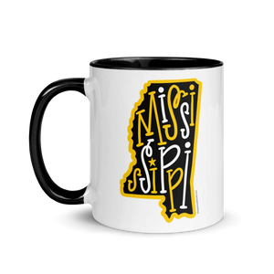 Mississippi State Mug - Ceramic Coffee Mug with Bouncy Letter Design - Black and Gold