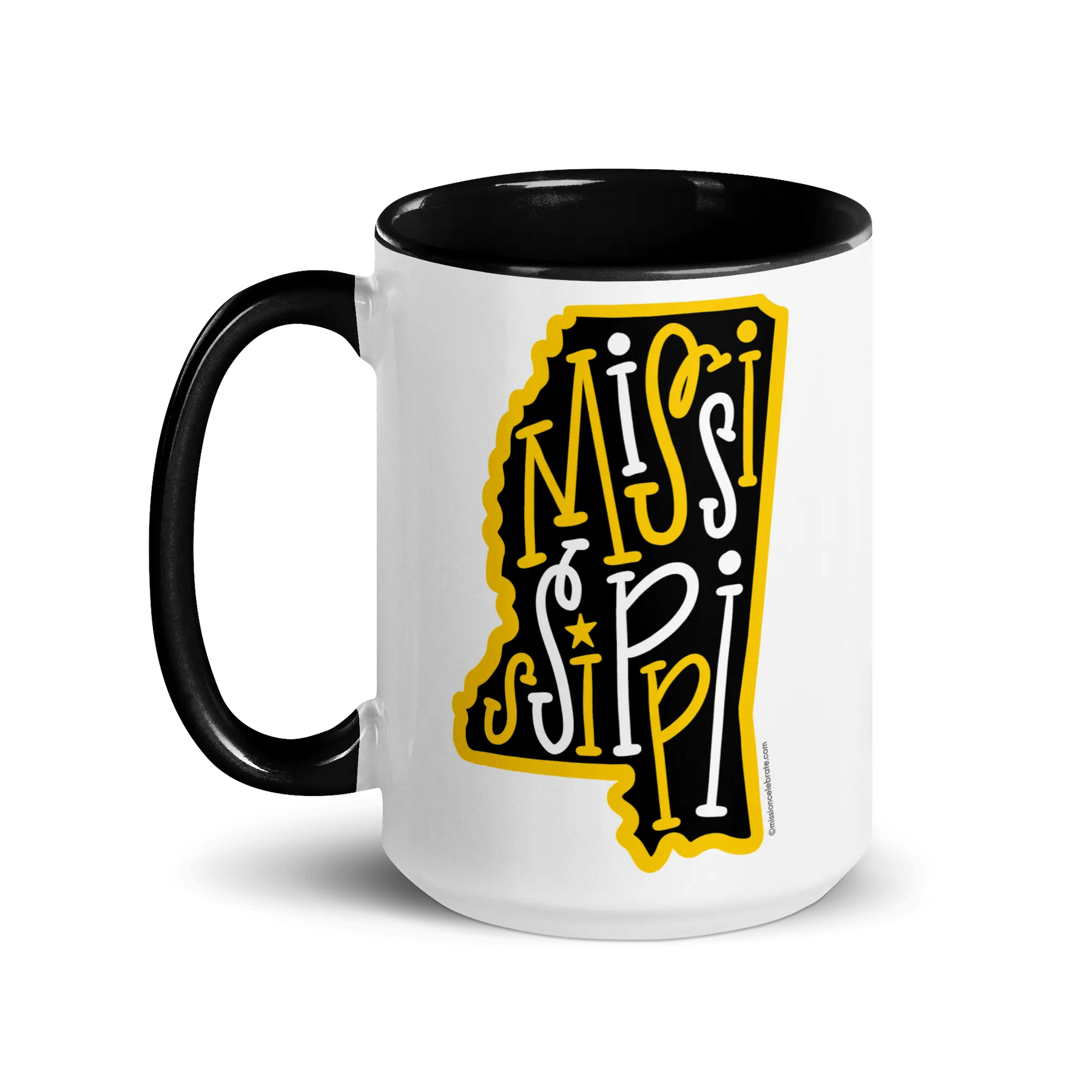 Mississippi Mug: Black Handle, White Ceramic with Bouncy Letter Design & Gold Trim - A Unique State Pride Gift