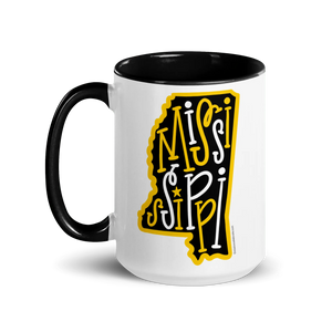 Mississippi Mug: Black Handle, White Ceramic with Bouncy Letter Design & Gold Trim - A Unique State Pride Gift
