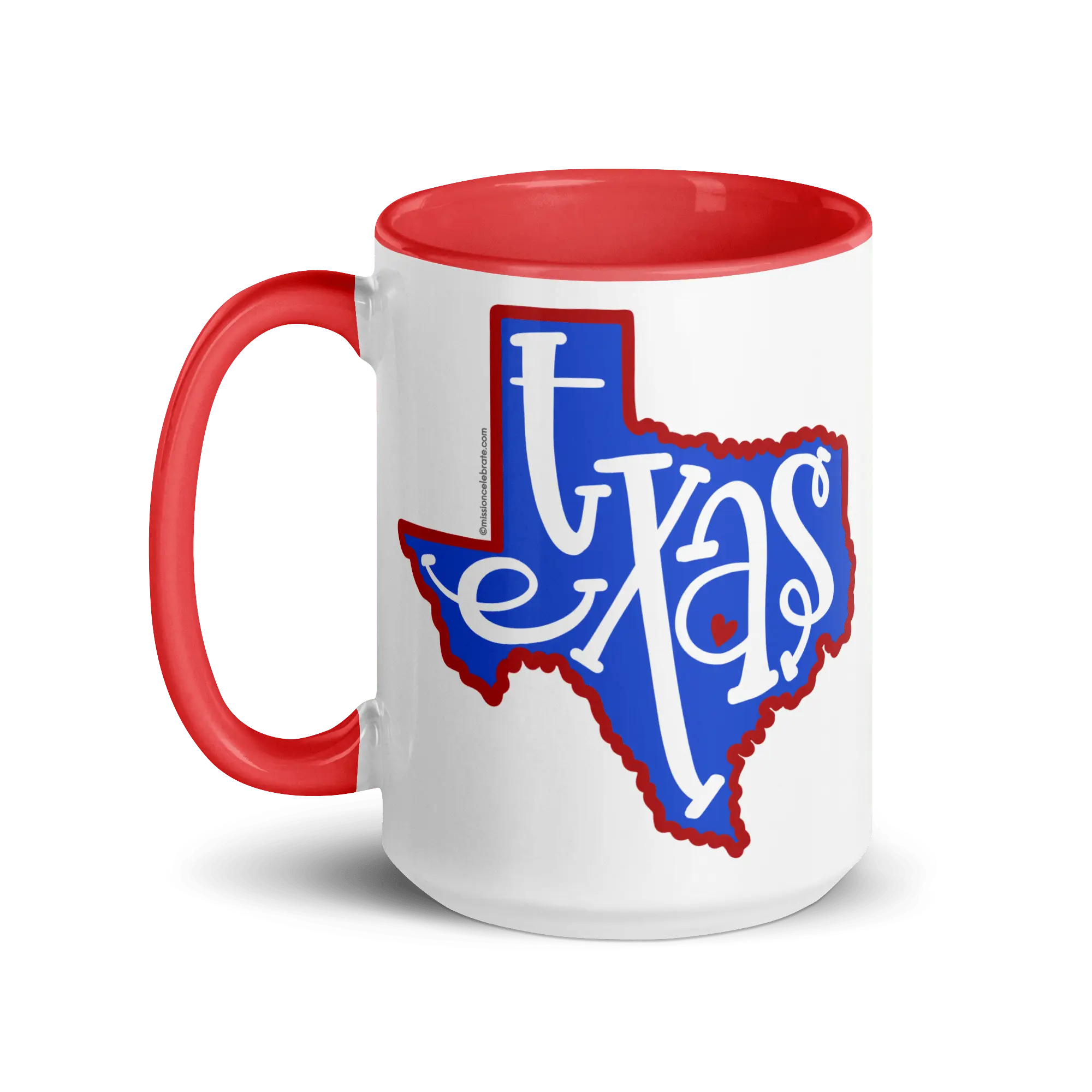Texas Mug, Red & White Ceramic Coffee Cup with Hand-drawn Lettering and Texas State Shape