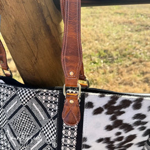 Charlene Cowhide Weekender Bag with leather handles and textile pattern