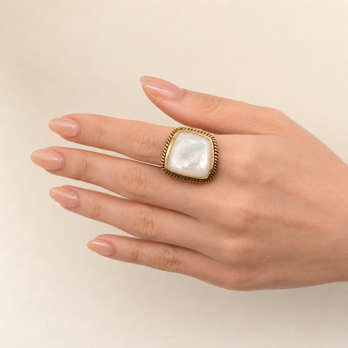 Roped White Mother of Pearl and Golden Statement Ring detail view by Barse Jewelry